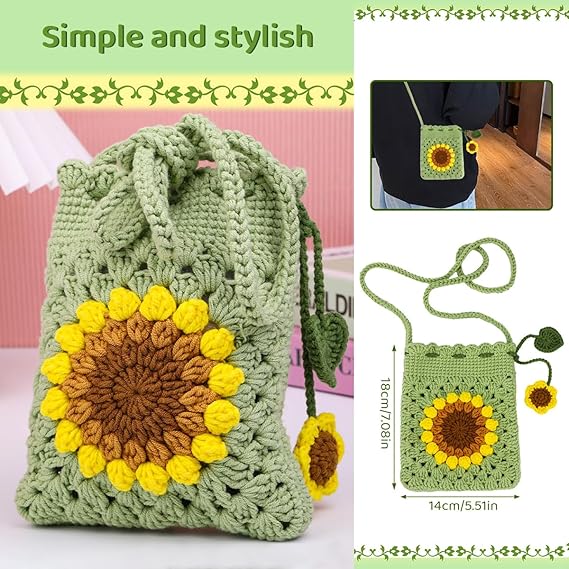 DIY Crochet Phone Bag Kit for Beginners | Sunflower Phone Sling Bag Material Kit with Yarn, Hooks, Tools & Video Tutorial | Light Green - Image 2