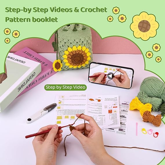 DIY Crochet Phone Bag Kit for Beginners | Sunflower Phone Sling Bag Material Kit with Yarn, Hooks, Tools & Video Tutorial | Light Green - Image 3