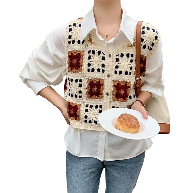 ICW Women Hollow Out Sleeveless V-Neck Floral Knitted Crochet Waistcoat Top Vest Cardigan Dn89