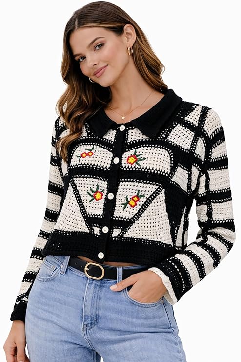 ICW Women’s Crochet Knit Cardigan Top Striped Button-Down Long Sleeve Sweater with Floral Embroidery Casual Winter Wear Botton Poncho 1