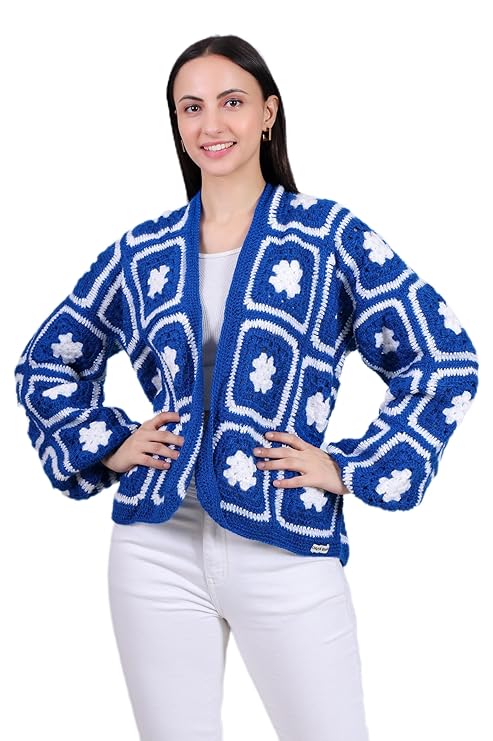 Hand Knit 'Blue Blossom' Women's Drop Shoulder Jacket | Casual Wear | Stretchable Wool and Easy to wash | Breathable Design | Hypoallergenic | Quick Drying